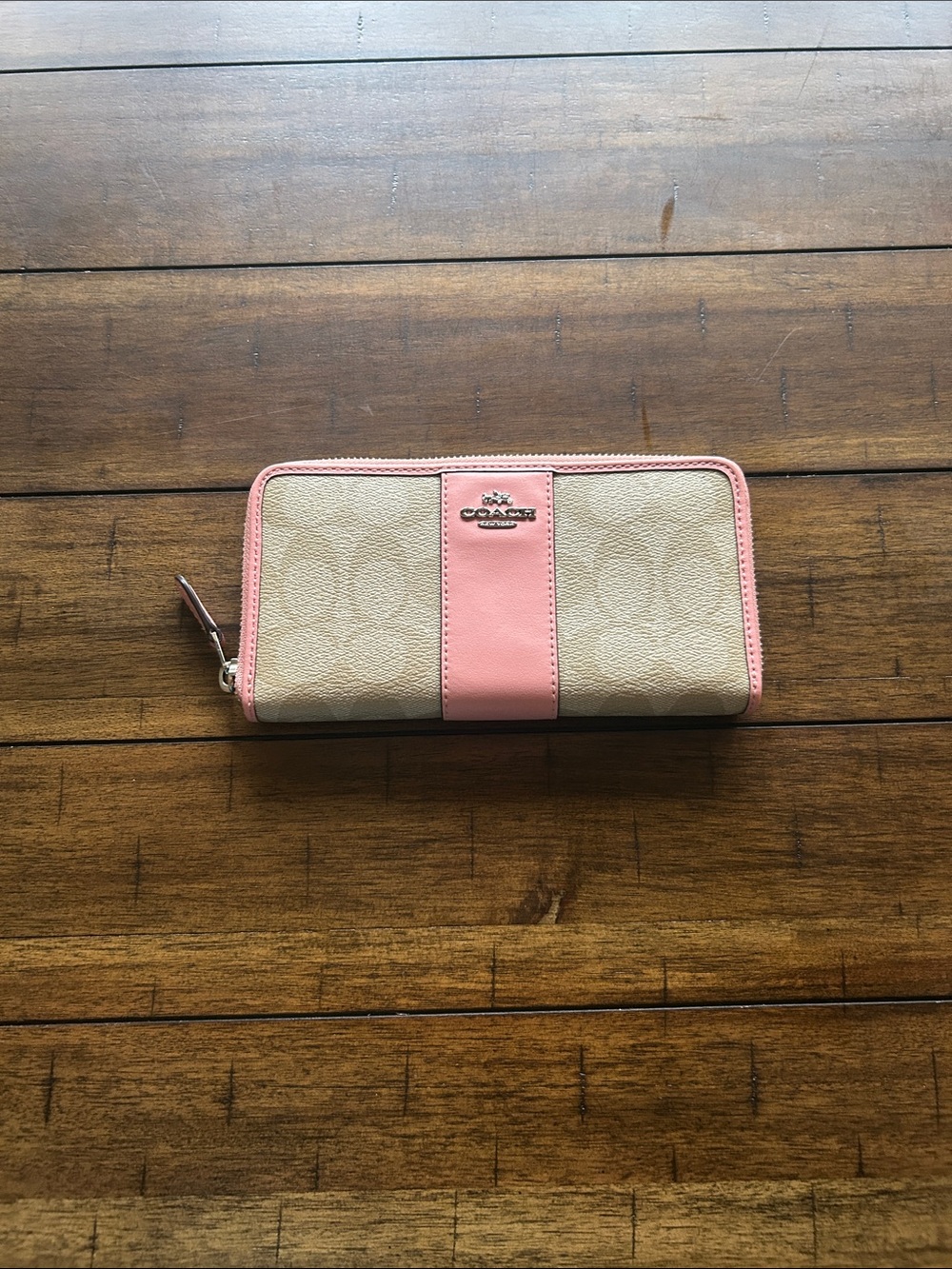 Coach Zip-Around Wallet in Khaki Canvas with Pink Trim